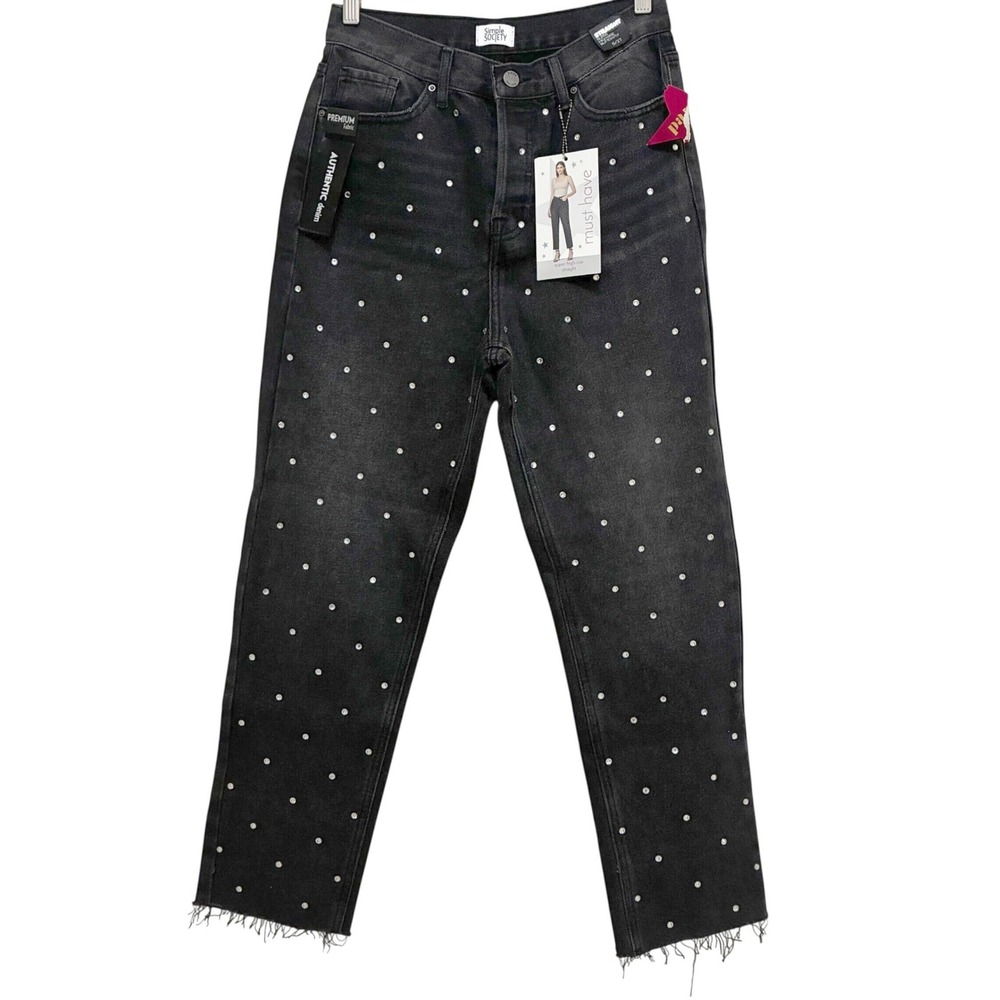 NEW Simple Society Super High Rise Rhinestone Jeans Black Sz 5 27 McBling Party
